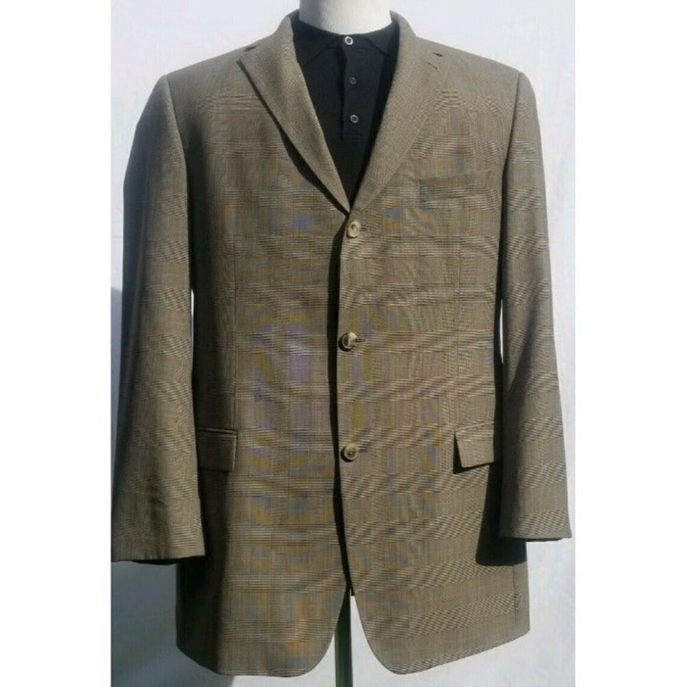 Hugo Boss Blazer Sports Coat 44L Brown Glen Plaid 100% Wool 3 Button 1 Vent